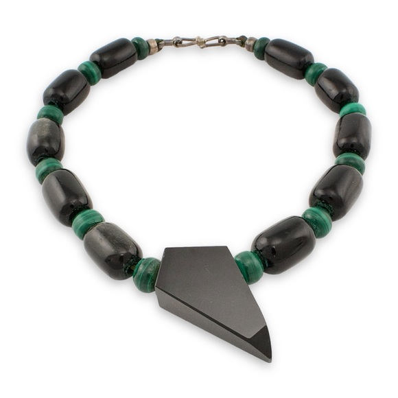 Vintage Silver Sheen Obsidian & Malachite Beaded Necklace with Geometric Pendant - Picture 5 of 10